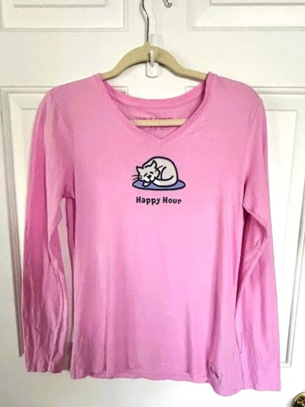 Women's Life is Good Crusher-Lite Pink L/S T-Shirt "Happy Hour" Cat Nap Size XS